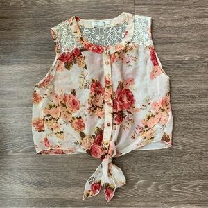 Floral print tie front tank top